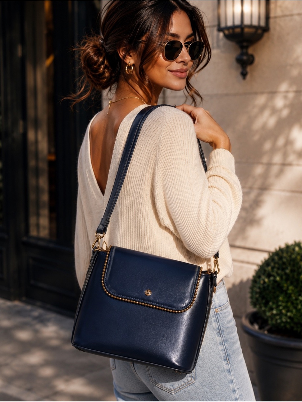 Valentino Garavani Deep Navy Studded Leather Crossbody ✨ Gold Hardware
